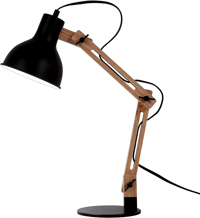 FIRVRE Swing Arm Desk Lamp, Retro Desk Lamp with Adjustable Goose Neck, Architect Wooden Desk Lamp for Bedroom Study Home Office - LeafyLoom