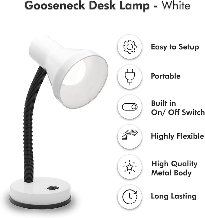 Xtricity Metal Desk Lamp with Adjustable Gooseneck Arm, 6W A19 LED Bulb Included, 120 Volt, Convenient On/Off Switch, 14" Inch Tall (36cm), White Finish - LeafyLoom