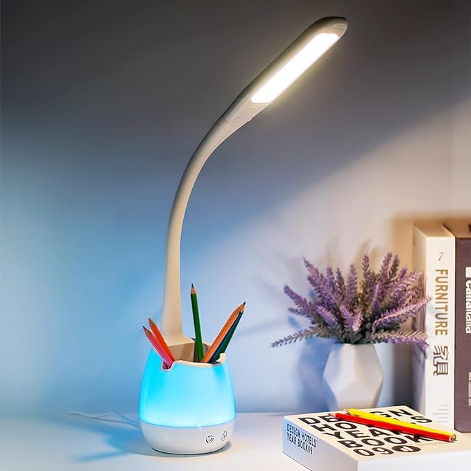 Donewin Rechargeable LED Desk Lamp with Color Changing Light, Pen and Phone Holder - Perfect Study and Reading Lamp for Kids, Teens, and Students - Great Gift for College Dorm Rooms - LeafyLoom