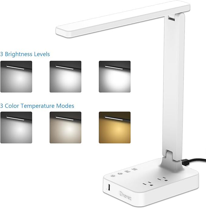 Drevet LED Desk Lamp, Desk Light with 1 USB Charging Port and 2 AC Power Outlet, 3 Lighting Modes, 3 Level Brightness,1H Timer, Touch Control, Eye-Caring Home Office Foldable Table Lamp (White) - LeafyLoom