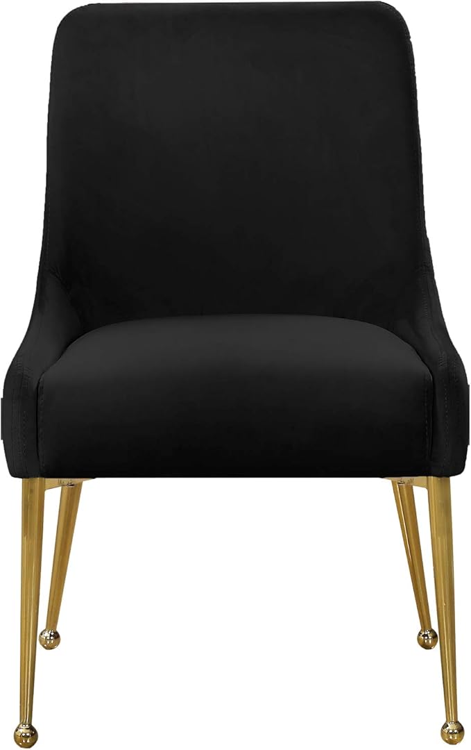 Meridian Furniture Owen Collection Modern | Contemporary Velvet Upholstered Dining Chair with Polished Gold Legs, Set of 2, 24" W x 21" D x 34.5" H, Black - LeafyLoom