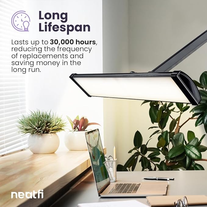 Neatfi Ultra 3,500 Lumen LED Desk Lamp, Color Correlated Temperature, 3 Light Modes, Dimmable, 45W, 26 Inch Wide Metal Shade, 540 SMD LEDs (CCT with Base, Black) - LeafyLoom