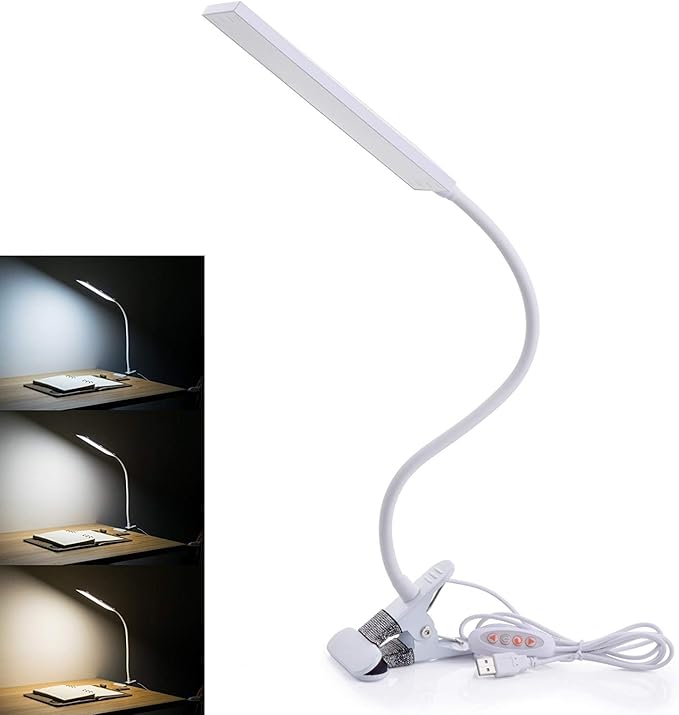 LED Desk Lamp Dimmable Eye-Caring Table Lamp Reading Light Office Light Adjustable 3 Color Modes,14 Brightness Levels, Gooseneck Flexible Clip-on Light for Studying, 5W-White - LeafyLoom