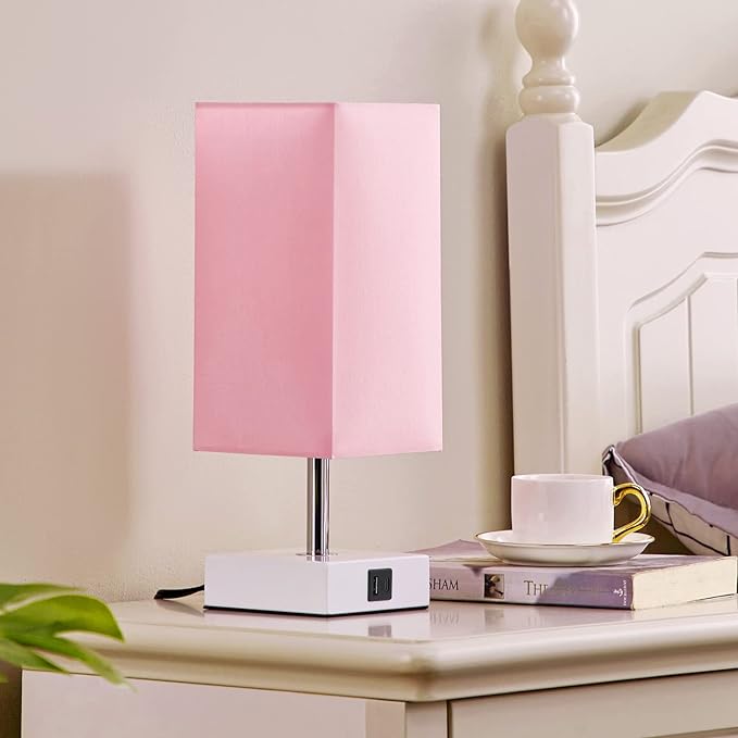 Ambimall Touch Control Table Lamp with 2 USB Charging Ports, 3 Way Touch Lamps Beside Desk, Nightstand Lamp for Bedrooms Living Room, Pink Shade with White Base, LED Bulb Included(Pink) - LeafyLoom