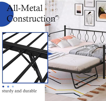 Full Daybed with Trundle, Metal Day Bed with Pull Out Trundle, Sofa Bed with Twin Size Portable Folding Trundle, Bed Frame for Bedroom, Living Room, Guest Room, Home, No Box Spring Needed, Black - LeafyLoom