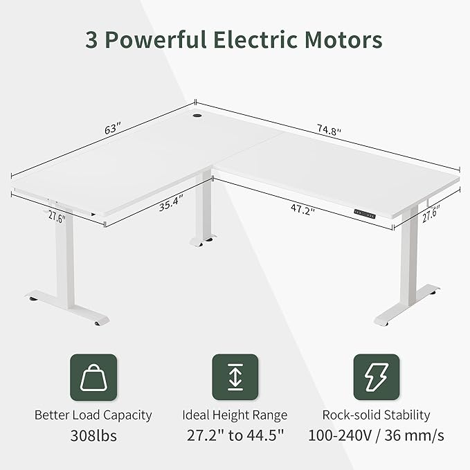 FEZIBO 75 Inches, Supports over 300mlbs,L Shaped Standing Desk Reversible, Electric Height Adjustable Corner Stand up Desk, Sit Stand Desk Computer Workstation, White Frame/White Top - LeafyLoom