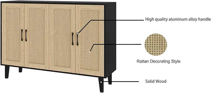 Panana Buffet Storage Cabinet with Rattan Decorating 4 Doors Living Room Kitchen Sideboard 48.43 x 34.65 x 15 inch (Black) - LeafyLoom