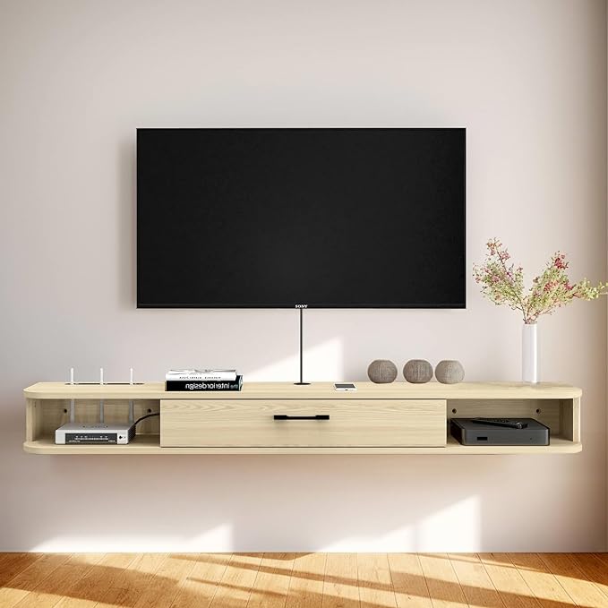 Floating TV Unit, 95'' Wall Mounted TV Cabinet, Floating Shelves with Door, Modern Entertainment Media Console Center Large Storage TV Bench for Living Room & Office (94.49IN, Oak) - LeafyLoom