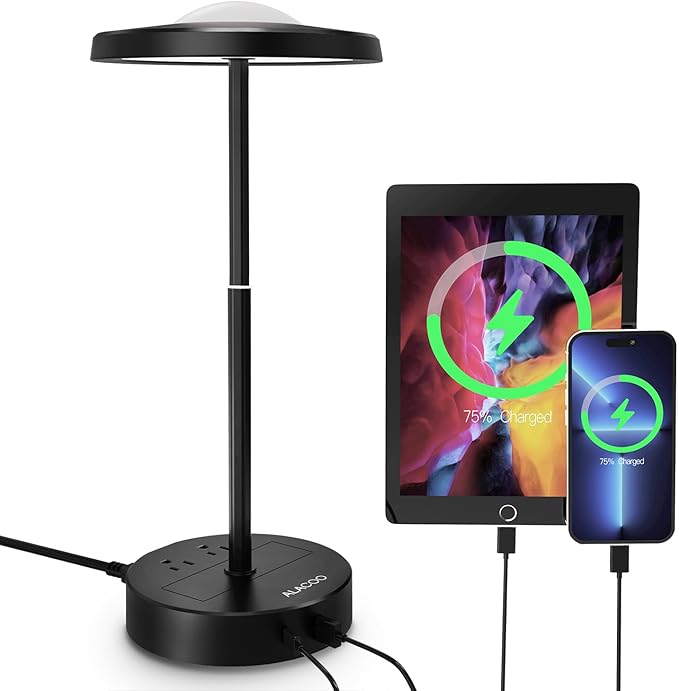 LED Table Lamp Dimmable Desk Lamp Reading Lamp with USB A & Type C Charging Port 2 Prong Outlet Power Touch Control Night Light Retractable for Bedroom, Living Room, Dorm, Study, Home Office - LeafyLoom