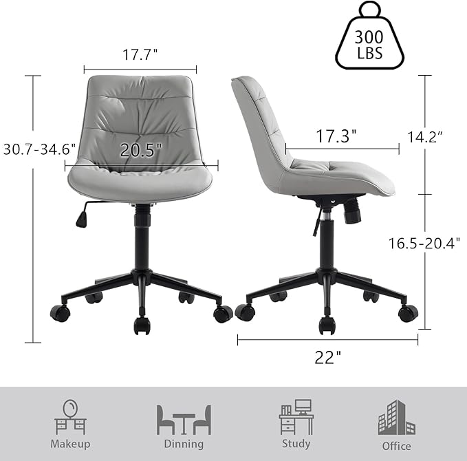 Kidol & Shellder Armless Office Chair Desk Chair Comfy Makeup Vanity Chair with Back Ergonomic Swivel Chair Home Office Desk Chairs with Wheels Rolling Computer Chair Bedroom Accent Chair(Gray) - LeafyLoom