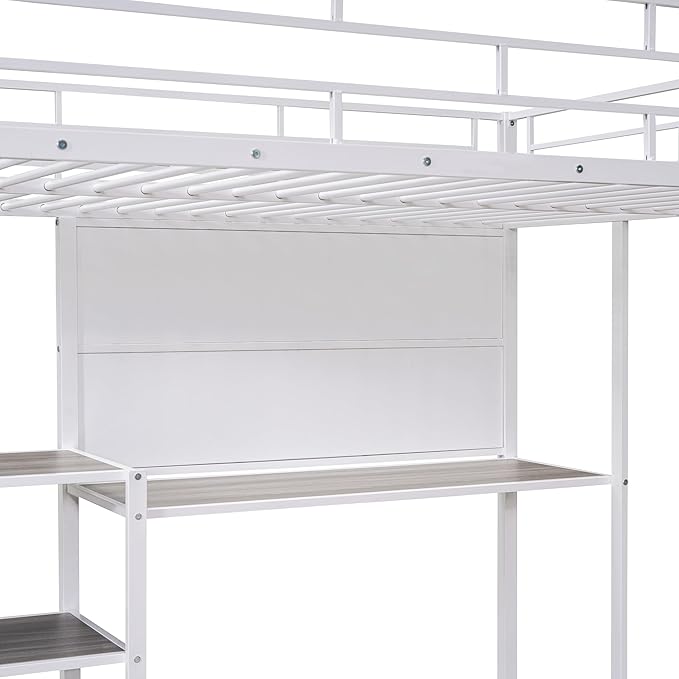 RITSU Full Size Loft Bed, Heavy Duty Metal Bunk Bedframe with Desk and Whiteboard, Safety Guardrail Fence & Ladder, 3 Big Storage Shelves, for Kids, Teens, White - LeafyLoom