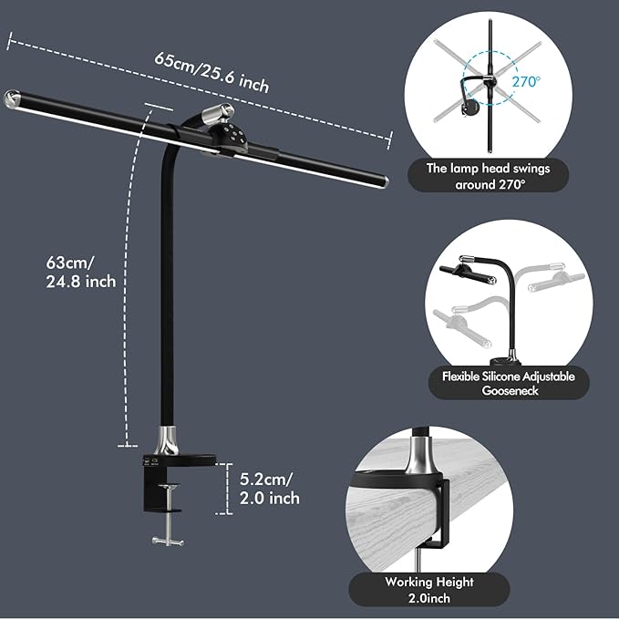 Megainvo LED Desk Lamp with Clamp, 24W Desk Light w/Timer & USB Charging for Home Office, Eye-Care Desk Lamps 5 Color Modes Stepless Dimming Adjustable Table Light for Monitor Work Study Reading - LeafyLoom