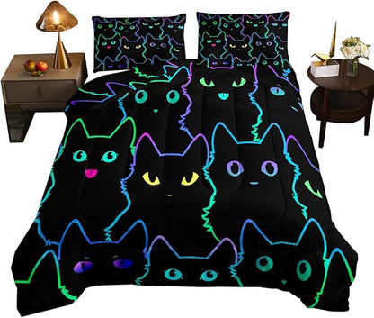 Erosebridal Kids Bedding Cartoon Cat Comforter Set Twin Size,Gradient Line Cute Cat Bedding Set for Teens Boys Girls Adults Room Decor,Lovely Animal Kitten Print Comforter All Season,Rainbow Black - LeafyLoom