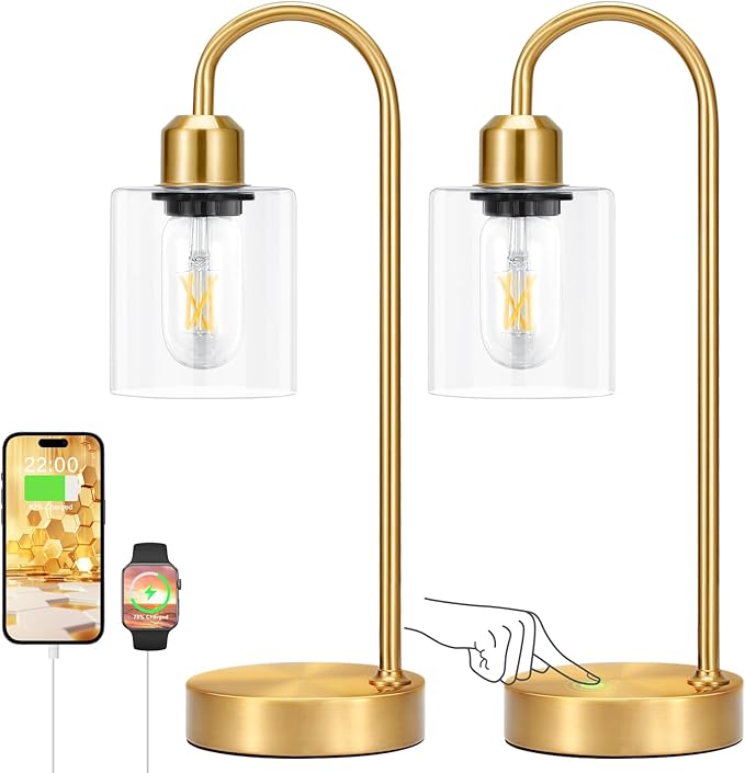 Innqoo Gold Industrial Touch Table Lamps for Bedrooms Set of 2-3-Way Dimmable Nightstand Lamps with USB C+A Ports and Outlet, Gold Bedside Lamps with Glass Shade, Desk Lamps for Home Office - LeafyLoom