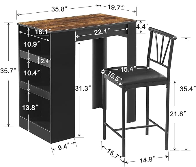 VECELO Small Bar Table and Chairs Tall Kitchen Breakfast Nook with Stools/Dining Set for 2, Storage Shelves, Space-Saving, Retro - LeafyLoom