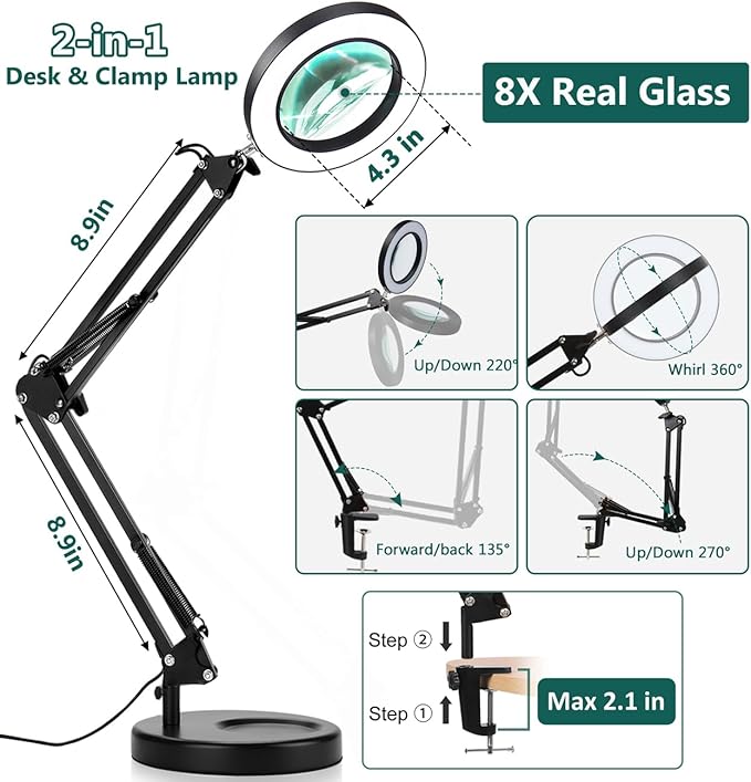 Magnifying Glass with Light and Stand, Veemagni 8X Real Glass 2-in-1 Desk Lamp & Clamp, 3 Color Modes Stepless Dimmable, LED Lighted Magnifier with Light for Hobby Reading Crafts Repair Close Works - LeafyLoom