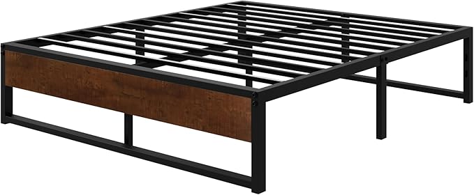 SHA CERLIN 14'' Full Size Metal Platform Bed Frame with Rustic Wood & Reverse Holes/Ample Under-Bed Storage Space/Mattress Foundation/No Box Spring Needed/Easy Assembly - LeafyLoom