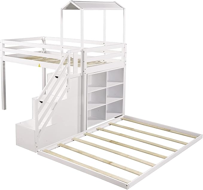 Stairway Twin over Full House Bunk Bed with Storage Shelves & Roof Design,Wooden Bunkbeds wtih Safety Guardrails for Kids/Teen/Adults Bedroom,Space Saving, White - LeafyLoom