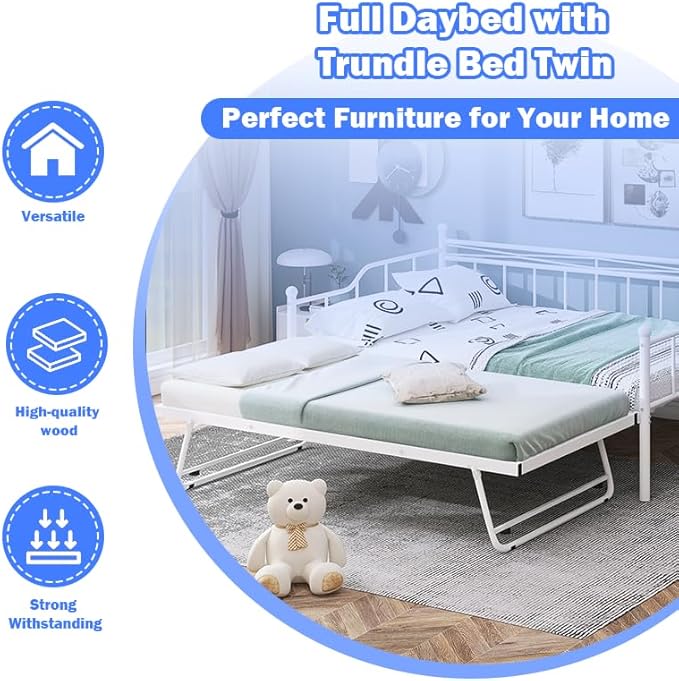 Full Daybed with Trundle Bed Twin, Metal Day Bed Frame with Pop Up Trundle, Metal Sofa Bed with Portable Folding Trundle for Bedroom, Living Room, Guest Room, Home, No Box Spring Needed, White - LeafyLoom