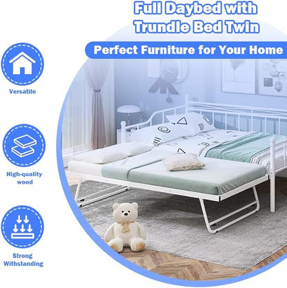 Full Daybed with Trundle Bed Twin, Metal Day Bed Frame with Pop Up Trundle, Metal Sofa Bed with Portable Folding Trundle for Bedroom, Living Room, Guest Room, Home, No Box Spring Needed, White - LeafyLoom