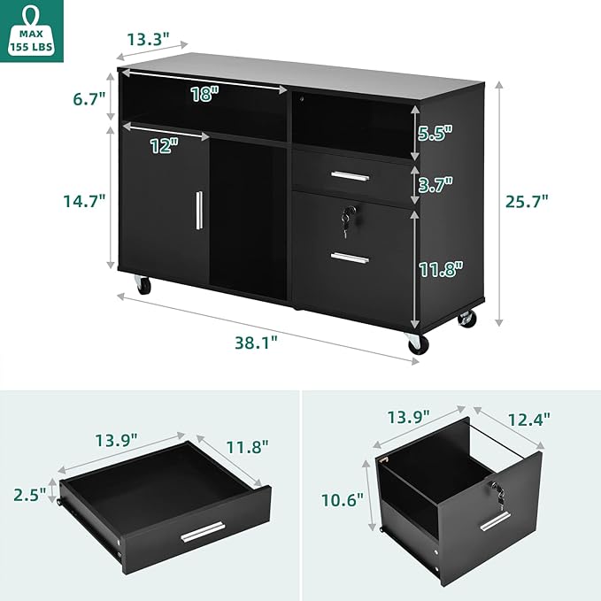 YITAHOME Wood Lateral File Cabinet, 2 Drawer Mobile Storage Cabinet, Fits A4, Letter Size Files, Printer Stand with Open Storage Shelves, Modern Filing Cabinet for Home Office, Black - LeafyLoom