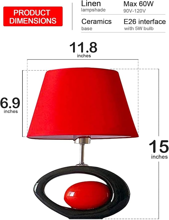 Red Modern Table Lamp, Ceramic Desk Lights with Linen Shade LED Bedroom Bedside Light Living Room Office Desk Night Lantern 14.8inch American Desktop Light for Home, E26 Base 60W 110V - LeafyLoom