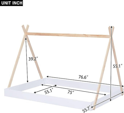 Full Size Teepee Bed for Kids,Tent Floor Bed Frame with Triangle Structure,Montessori Floor Bed for Girls Boys(Full,White) - LeafyLoom