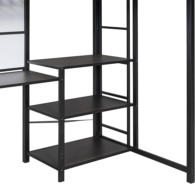 RITSU Twin Size Loft Bed, Heavy Duty Metal Bedframe with Desk and Whiteboard, 3 Big Shelves The Storage Space, Sturdy Construction, for Children's Room, Teens, Black - LeafyLoom