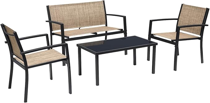 Greesum 4 Pieces Patio Furniture Set Outdoor Conversation Textilene Fabric Chairs for Lawn, Garden, Balcony, Poolside with A Glass Coffee Table, Beige - LeafyLoom