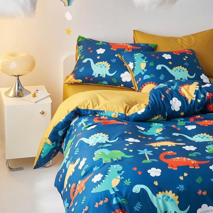 Wake In Cloud - Dinosaur Bedding Set for Boys, Cute Colorful Dinosaur Comforter Set with Sheets, 5 Pieces Kids Bed in a Bag, Navy Blue, Twin Size - LeafyLoom