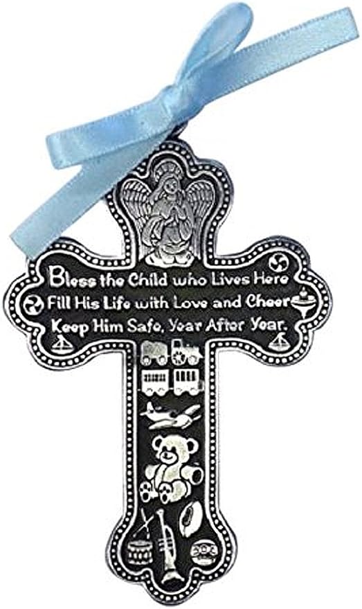 Cathedral Art CM6 Baby Boy Cross Crib Medal, 3-Inch High, 0.20" x 2.25", Multi - LeafyLoom