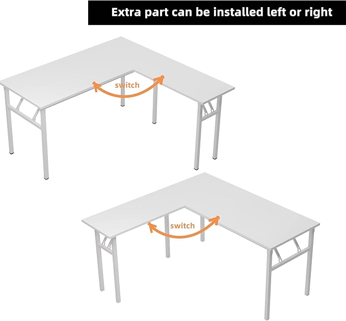 DlandHome L-Shaped Folding Computer Desk 55inches and 55inches Left and Right Adjustable Half-Installed Home Office Workstation Corner Table,White +White - LeafyLoom