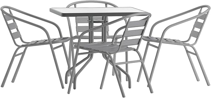 Flash Furniture Lila 31.5'' Square Glass Table with 4 Metal Aluminum Slat Stack Chairs, Silver - LeafyLoom