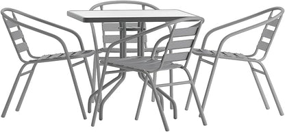 Flash Furniture Lila 31.5'' Square Glass Table with 4 Metal Aluminum Slat Stack Chairs, Silver - LeafyLoom