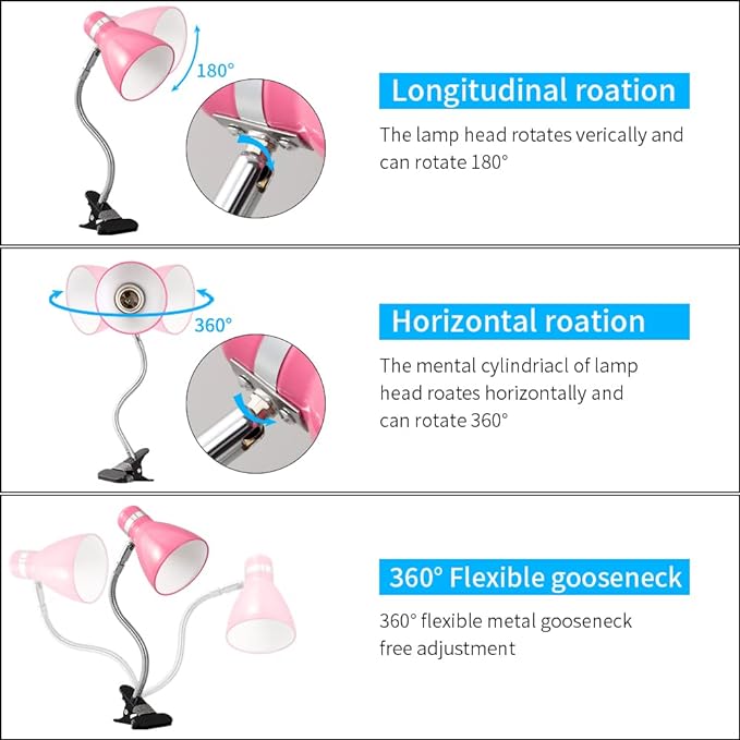 Metal Desk Lamps Clip on Lamp Clip on Light Portable Clamp On Reading Light,Eye-Caring Study Table Lamp with Flexible Goose Neck for Bedroom and Office Home Lighting (Rose red) - LeafyLoom