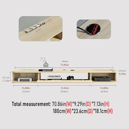 Floating TV Unit, 71'' Wall Mounted TV Cabinet, Floating Shelves with Door, Modern Entertainment Media Console Center Large Storage TV Bench for Living Room & Office (70.86IN, Oak) - LeafyLoom