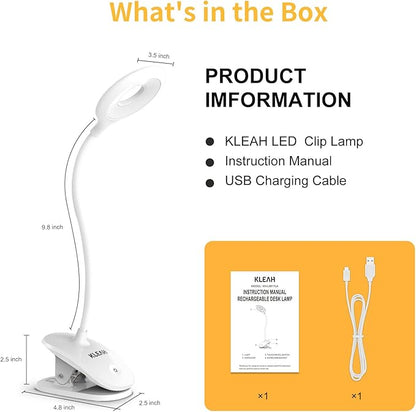 Clip on Light for Bed & Desk, Reading in Bed, Dorm, Flexible Gooseneck, Battery Operated Rechargeable Clamp Lamp for Headboard, Eye-Caring LED Light with 3 Brightness Modes - LeafyLoom