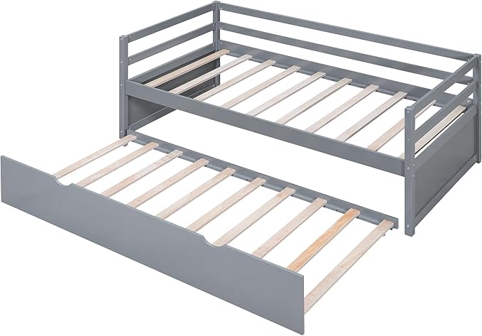 Twin Size Daybed with 2 Trundle,Multifunction Solid Wood Bed Frame,W/Wooden Slat Support,No Box Spring Needed,for Bedroom Apartment,Guest room,Gray - LeafyLoom