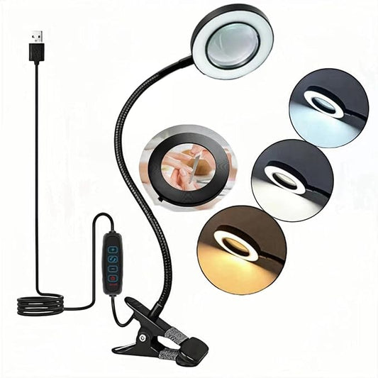 Magnifying Glass with Light and Stand 10X, Craft Lamp Adjustable Gooseneck Clip on Lamp 12W 3 Colors Dimmable LED Desk Lamp Lighted magnifying glass for Working,Studying Crafting Professionals - LeafyLoom