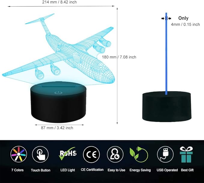 Airplane Night Light 3D Plane Illusion Lamp 7 Color Changing Touch Control with USB Cable LED Fighter Toy Table Desk Decor Lamps for Men Boys Kids Christmas Birthday Gifts - LeafyLoom