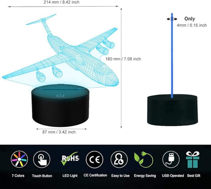 Airplane Night Light 3D Plane Illusion Lamp 7 Color Changing Touch Control with USB Cable LED Fighter Toy Table Desk Decor Lamps for Men Boys Kids Christmas Birthday Gifts - LeafyLoom