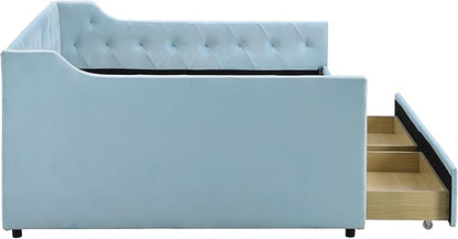 Full Size Velvet Upholstered Tufted Daybed with 2 Drawers,Modern Wood Bed Frame w/Armrests,Slat Support,No Box Spring Needed,Daybeds for Apartment,Bedroom,Guest Room,Blue - LeafyLoom