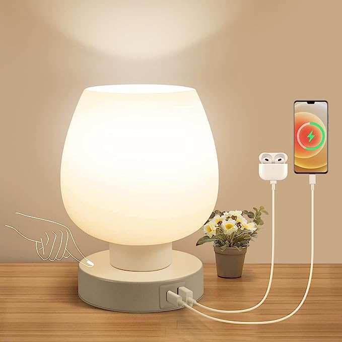 Touch Bedside Table Lamp - Small Lamp for Bedroom with USB C+A Charging Ports 3 Way Dimmable, Nightstand Desk lamp with White Opal Glass Lamp Shade Warm LED Bulb Included, Simple Design Gifts - LeafyLoom