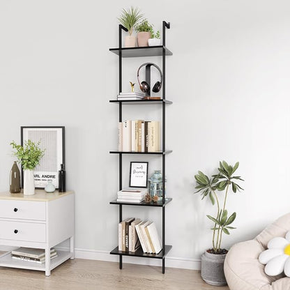 Nidouillet 5 Tier Ladder Shelf, 70-Inch Wall Mounted Ladder Bookshelf Metal Frame Storage Rack and Industrial Display Shelves for Living Room Bedroom Home Office - Black - LeafyLoom