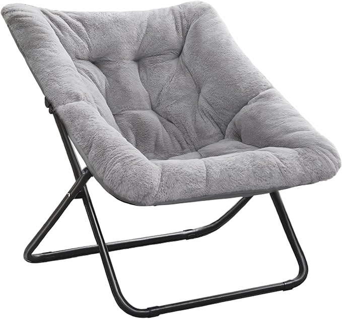 Tiita Comfy Saucer Chair, Soft Faux Fur Oversized Folding Accent Chair, Lounge Lazy Chair for Kids Teens Adults, Metal Frame Moon Chair for Bedroom, Living Room, Dorm Rooms, X-Large, Grey - LeafyLoom