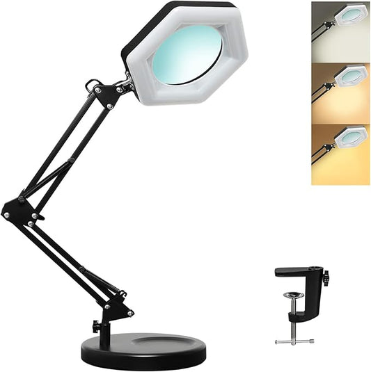 Magnifying Glass with Light and Stand, Dimmable LED Magnifier Desk Lamp with Clamp, 3 Color Modes, Hands Free Magnifying Lights for Close Work, Repair, Swing Arm Magnifying Work Light with Base - LeafyLoom