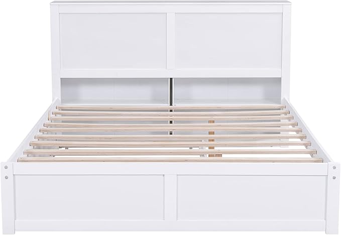 Queen Size Bed Frame with Headboard and Twin XL Trundle, Wood Queen Size Platform Bed with Pull Out Storage Shelves Headboard for Bedroom, White - LeafyLoom