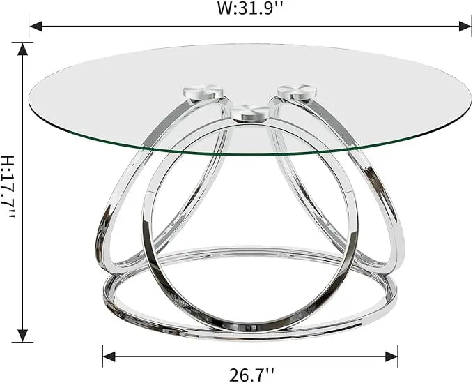 O&K FURNITURE Round Coffee Table, Modern Silver Coffee Table Living Room Table with Ring-Shaped Frames, Glass Coffee Table for Home&Office, Chrome Finish, 1 PC - LeafyLoom