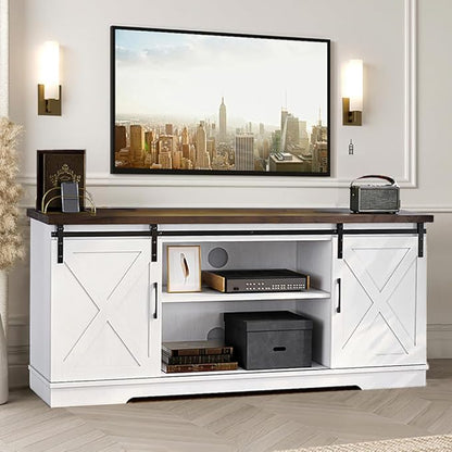 IDEALHOUSE Farmhouse TV Stand, Entertainment Center for 65 Inch TV Media Console Cabinet, White Barn Doors TV Stand with Storage and Shelves, Modern TV Console Table Furniture for Livingroom - LeafyLoom