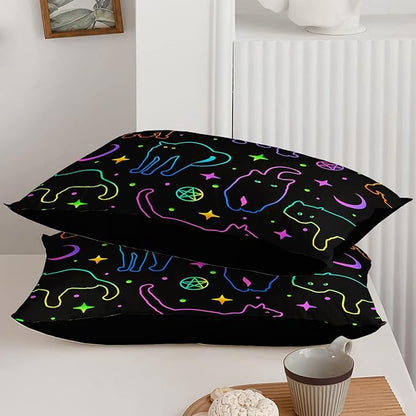 Black Cat Bedding Cartoon Cat Comforter Set Full,Moon Stars Printed Kids Bedding Set for Boys Girls Adults Room Decor,Kids Comforter Set All Season,1 Quilt 2 Pillow Cases,Neon Color Purple Blue Green - LeafyLoom